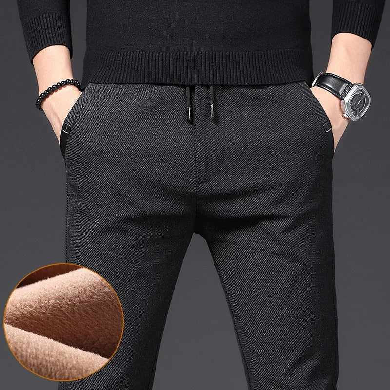 Winter Plush Trousers Men Business Fleece Pants Fashion