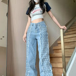 Plaid Splicing Straight Leg Jeans for Women Versatile Korean High Waisted