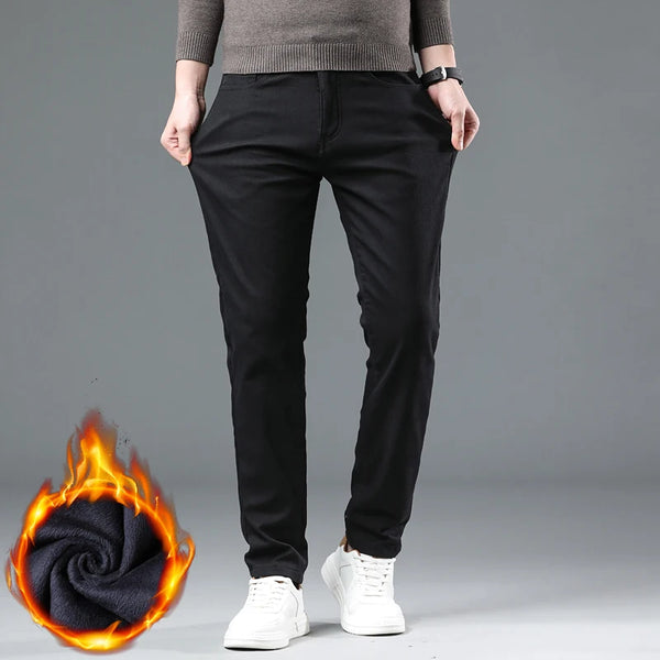 Mens Thick Fleece Lined Pants Slim Fit Winter Warm Business Casual