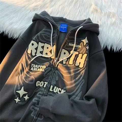 Herren Retro Demon Print Zip Hoodie Vintage Ästhetische Streetwear Jacke