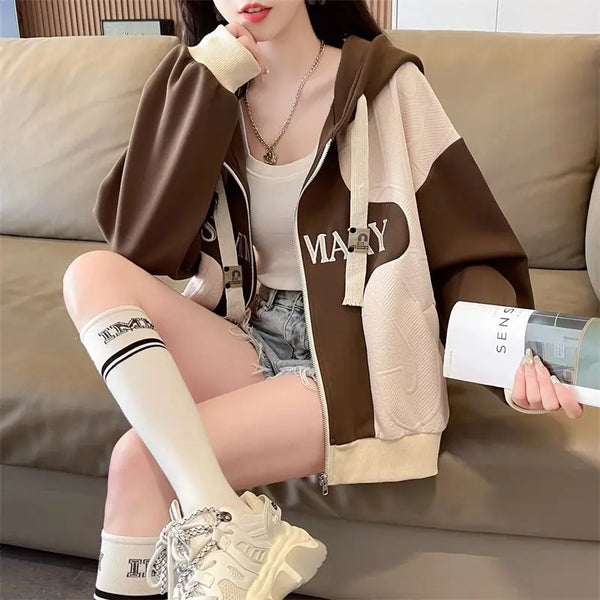 Womens Lightweight Hooded Baseball Jacket Loose Varsity Top