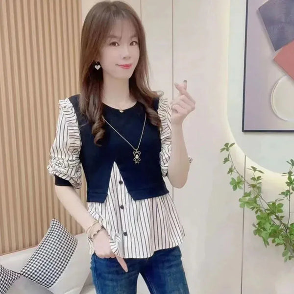 Womens Layered Look Shirt Jacket Striped Spliced Korean Style Spring