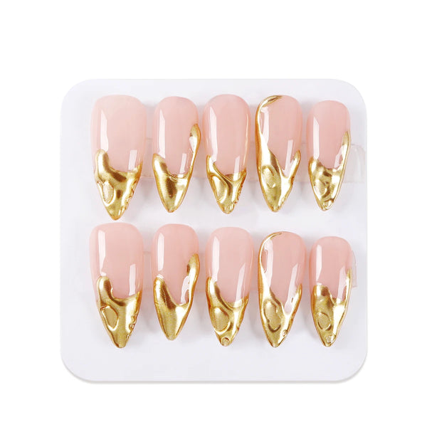 10pcs Gold Metallic 3D Press-On Almond Fake Nails