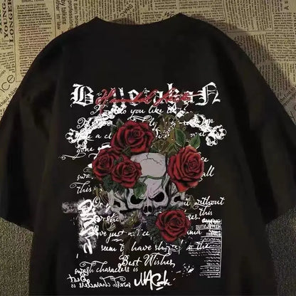 2025 American Retro Skull Print Cotton T-Shirt Women Summer