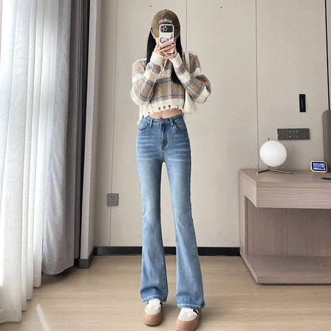 Plush Flared Jeans Warm Thermal Fleece High Waist Urban Straight