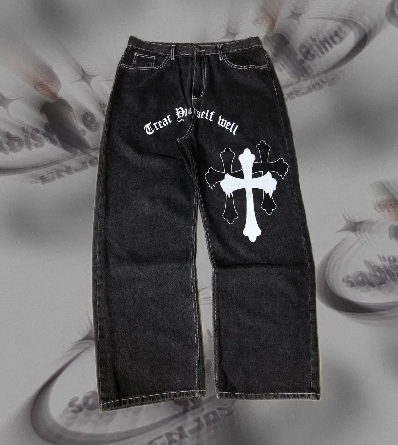 Bold Cross Design American Casual Men Jeans