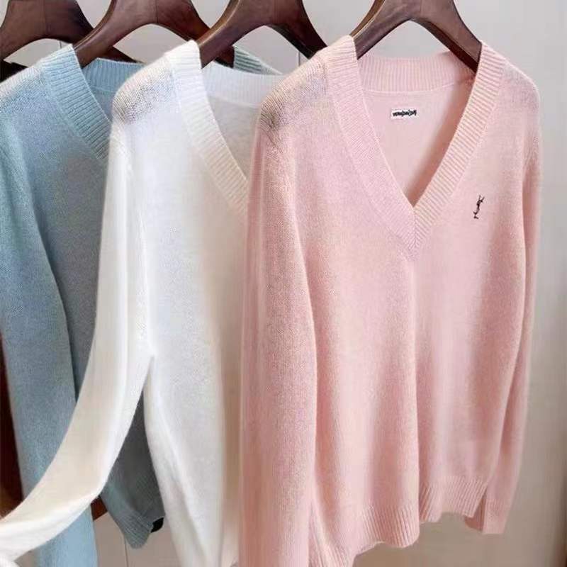 Spring And Autumn Knitted Embroidery Pullover Round Neck V-Neck Long Sleeve Luxury - xinnzy