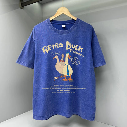 Three Ducks Retro Cartoon T-shirt for Men Summer Washed
