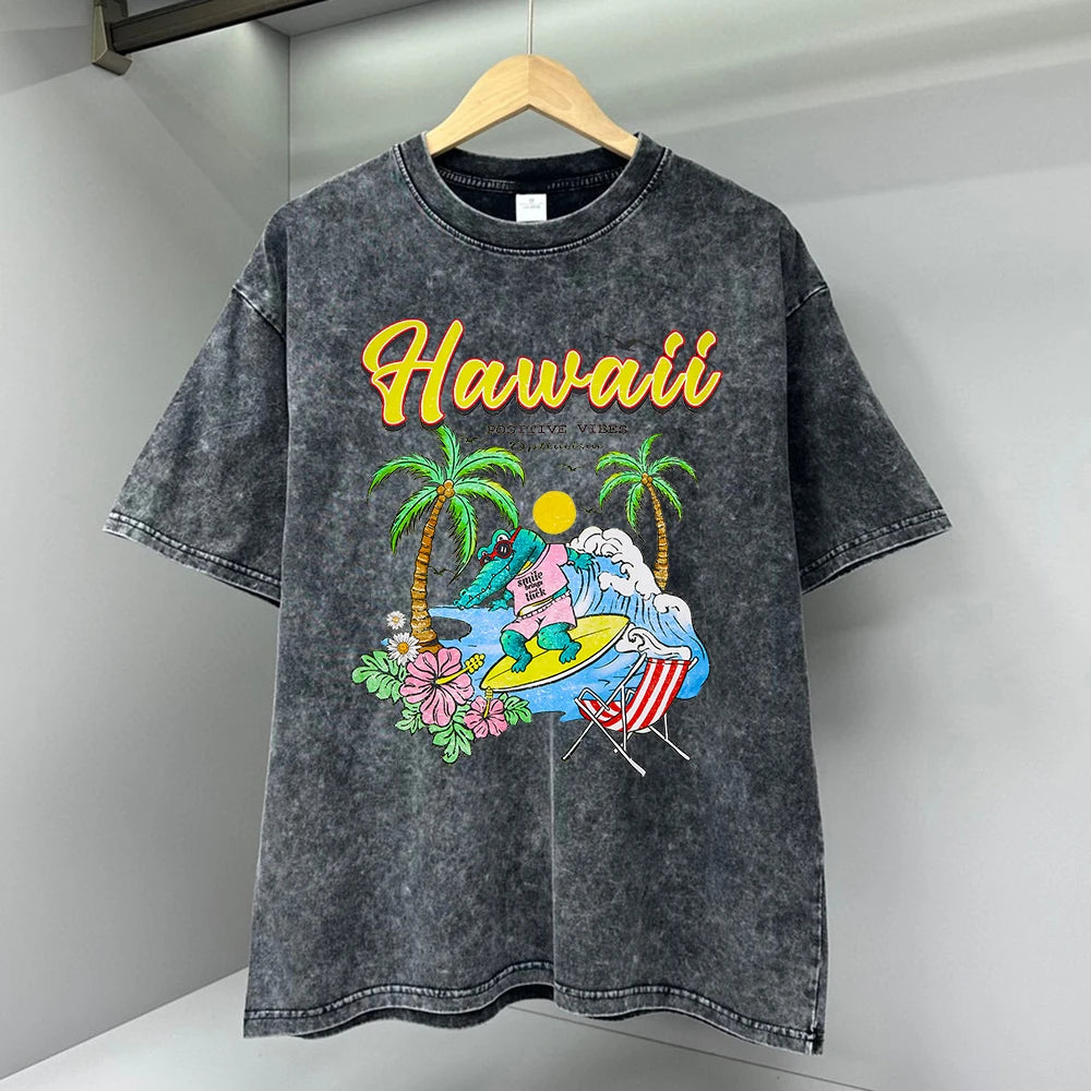 Hawaii Positive Vibes Print T-shirt Men Summer Water Wash Distressed Top