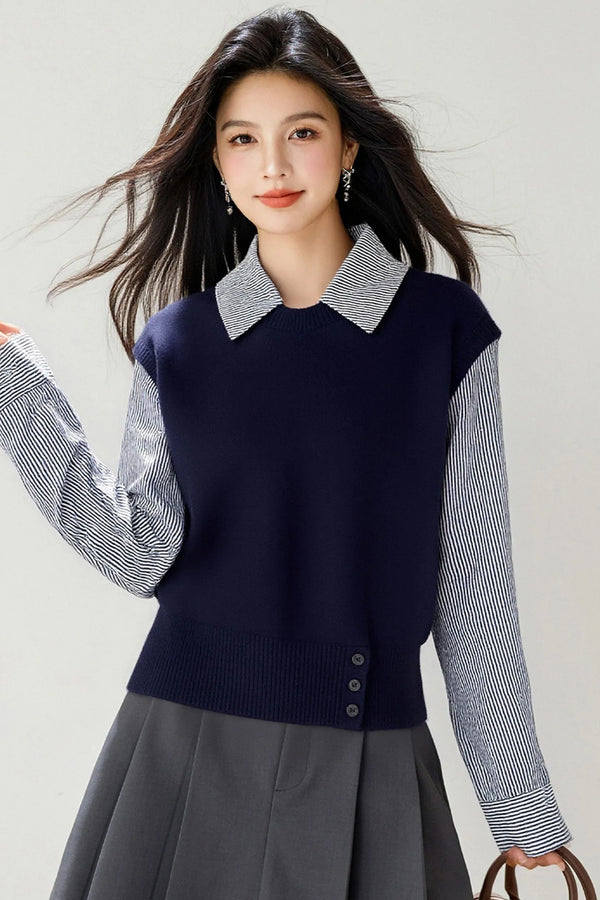 Womens Mock Layered Sweater Shirt Collar Knit Fall Top