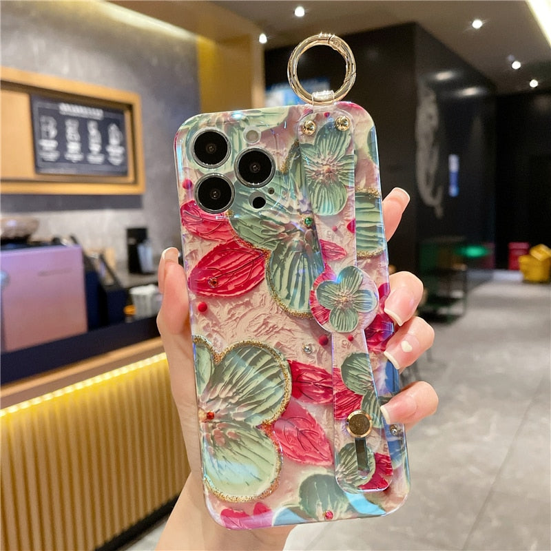 Oil Painting Flower Wirst Strap Holder Phone Case For iPhone Protection Cover