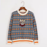 Vintage Rhomboid Knit Women's Sweater Clash Color Crown Kitten Embroidered Pullover Tops