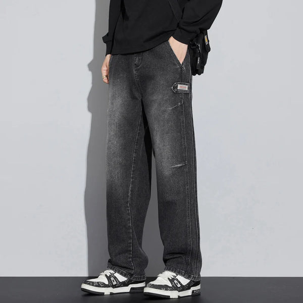 Mens Retro Washed Jeans Loose Straight Leg Fit Vintage Denim Pants