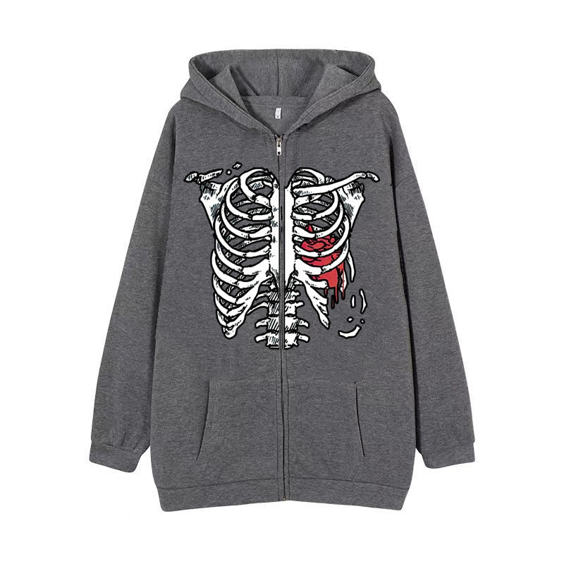 Y2K Dark Skull Skeleton Zip Up Hoodie Men's Jacket