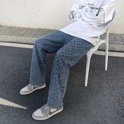 Mens 2024 New Straight Lift Pattern Loose Wide Leg Jeans