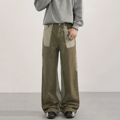 Mens Vintage Cargo Pants Contrast Patchwork Washed Straight Leg Fit