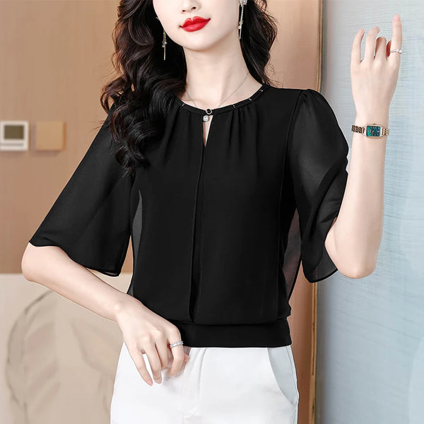 Half Sleeve Chiffon Blouse Women Loose Summer Pullover Top