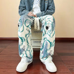 New Straight Loose Casual Pants Bear Print Drawstring Pockets Spring Autumn Trousers