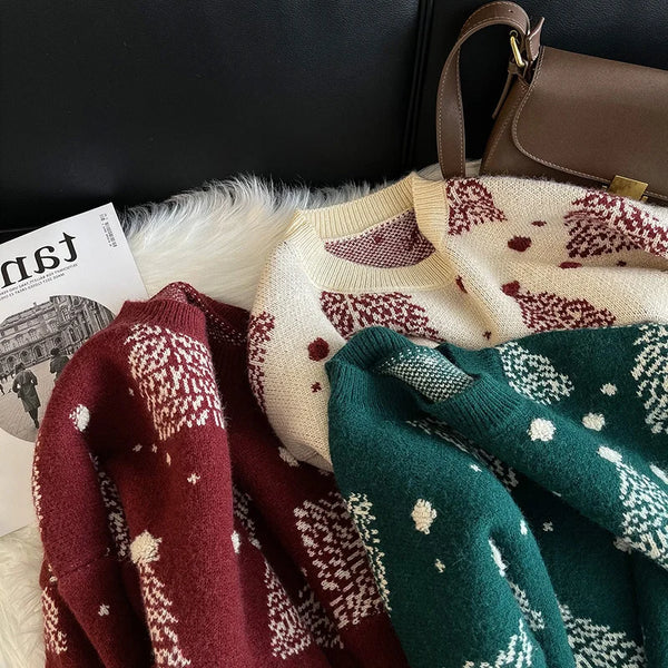 Womens Christmas Tree Sweater Red Pullover Knit Cozy Holiday Casual