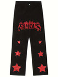 American Retro Stars Embroidered Denim Men Hip Hop Straight Leg Pants