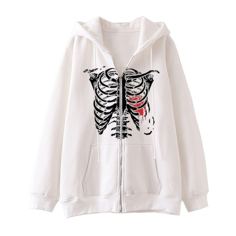 Y2K Dark Skull Skeleton Zip Up Hoodie Men's Jacket