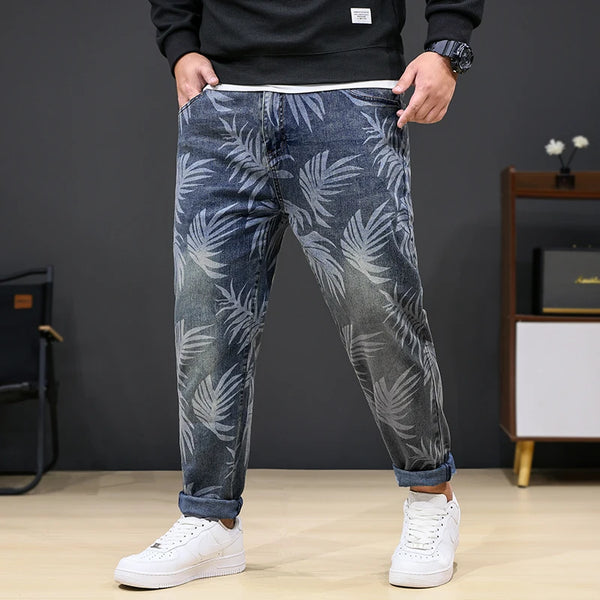 8XL Men’s Plus Size Denim Jeans with Leaf Print Stretch Loose Fit
