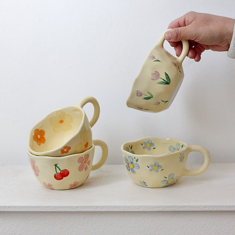 Ceramic Mugs Coffee Cups Hand Pinched Irregular Flower Milk Tea korean style