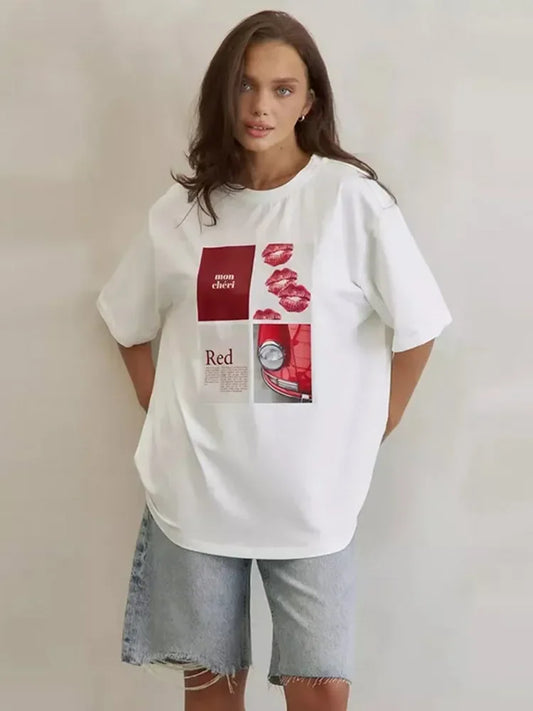 Chic Heart Letter Printed T-shirts Women Loose O-neck Half Sleeve Oversize