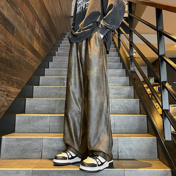 Men Windproof Leather Pants Baggy Wide Leg Trousers