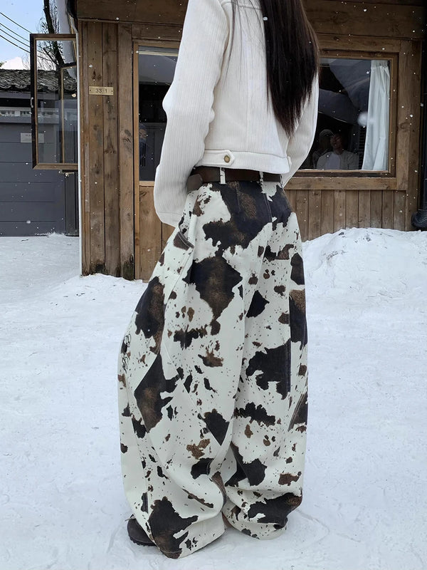 Cow Print Barrel Jeans Women Fleece Lined Wide Leg Low Rise Pants