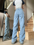 Plaid Splicing Straight Leg Jeans for Women Versatile Korean High Waisted