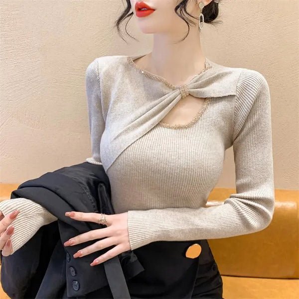Bow Collar Sweater Women Long Sleeve Pleated Knit Top Fall Winter