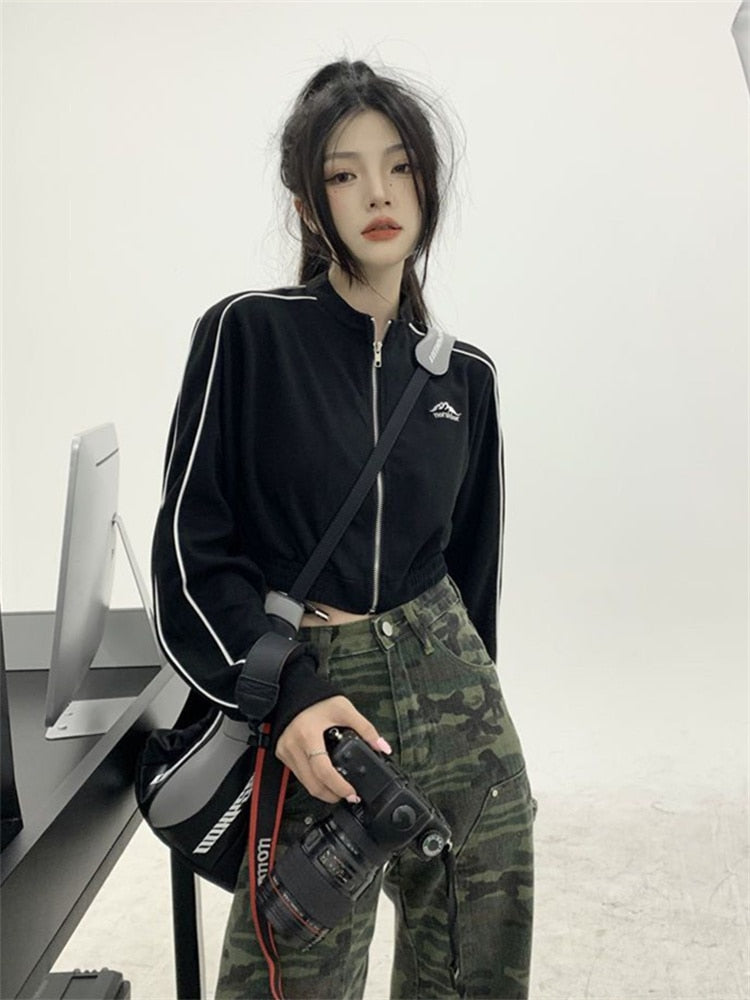 Hoodie Frauen Vintage Koreanische Mode Gestreifte Schwarze Jacken Weibliche Kpop