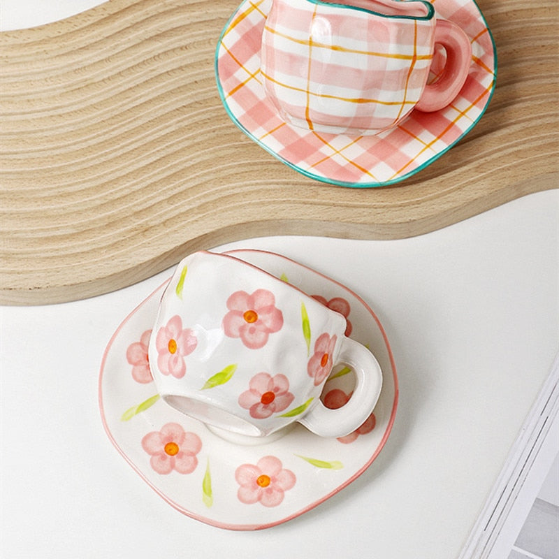 Flower Ceramic Coffee Cup Mug With Saucer Home Breakfast Handle Cup