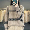 Womens Wool Sweater Jacquard Crew Neck Oversized Pullover