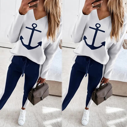 Womens Top Beautiful Ship Anchor Long-Sleeve V-Neck Fashion Casual Suit Trend