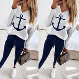 Womens Top Beautiful Ship Anchor Long-Sleeve V-Neck Fashion Casual Suit Trend