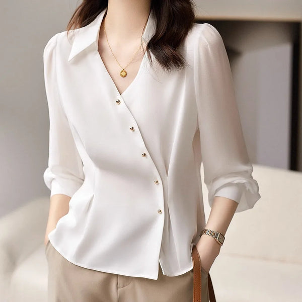 Womens Half Button Shirt Collar Long Sleeve Work Blouse Casual Top
