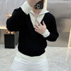 Men Color Block Quarter Zip Sweater Slim Fit Business Polo Pullover