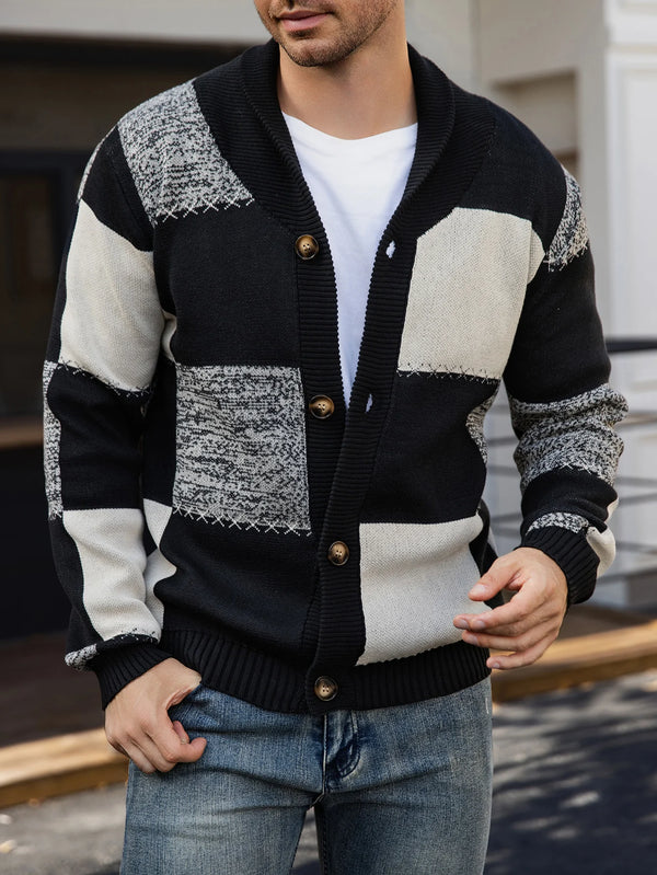 Mens Plaid Cardigan Sweater Colorblock Knit Jacket Fall Winter