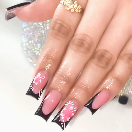 Black French Style Press-on Nails with Pink Flower Charm