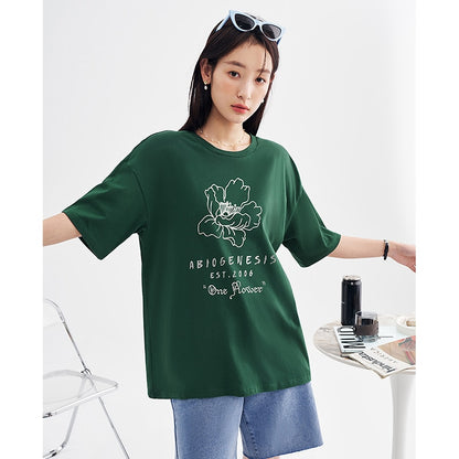 Women T-shirt Short Sleeve O Neck Loose Tees Flower Heart Print Pure Casual Tops - xinnzy