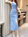 Leisure And Sexy Backless Slit Wrapped Buttocks Denim Suspender Dress 2024