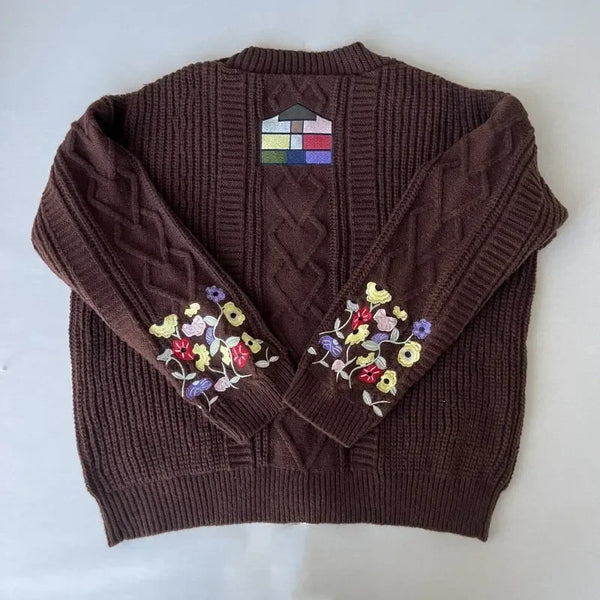 Cardigan for Women Flower Embroidered Knitted Sweater Y2k Girl Vintage