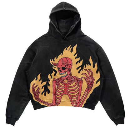 Hip Hop Skull Fire Print Y2k Hoodie Oversized Streetwear for Women