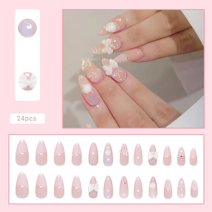 24pcs White Flower Fake Nail Tips Ins Yellow Pink Blush False Nails