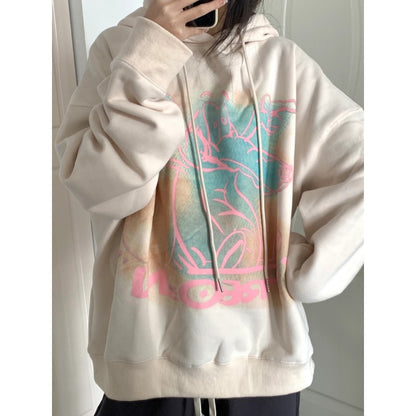 Harajuku Beige Farbe Frauen Hoodie Mode Cartoon Oversize Casual