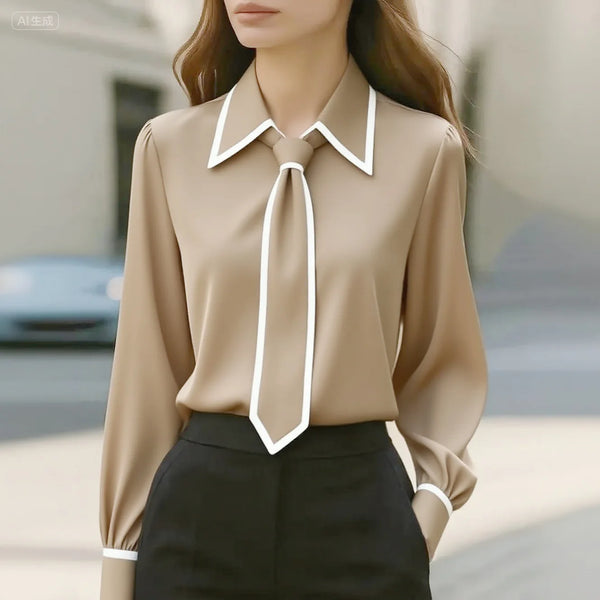 Bow Tie Blouse Women Long Sleeve Office Contrast Trim Work Shirt