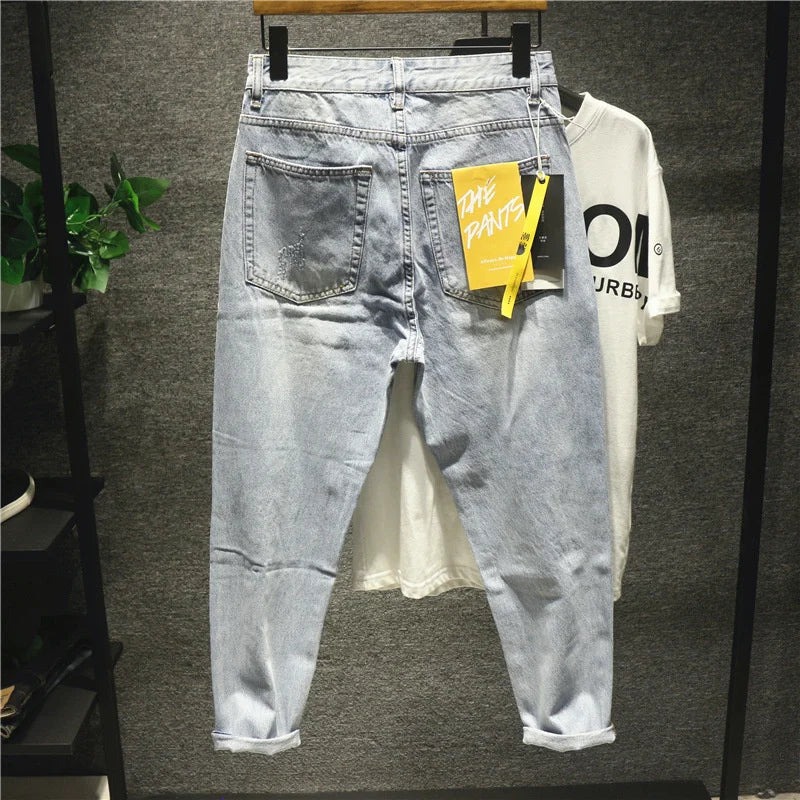 Loose Big Hole Nine Point Straight Denim Pants Baggy Jeans Y2k Streetwear