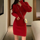 Red Hooded Knitted Dress Casual Zipper Mini